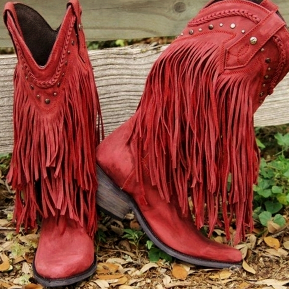 LIBERTY BLACK LB71124 Vegas Tiered Fringe  Rojo Red snip toe cowgirl boo… - Picture 1 of 16